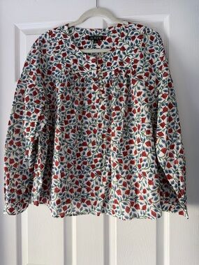 J.Crew Cream Floral Button-Up Long Sleeve Blouse with Red & Blue Print